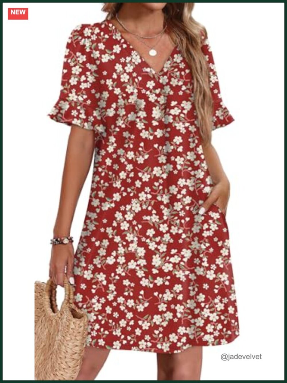 Ruffle Short Sleeve V Neck Shift Dress with Pockets Flowy Summer Women